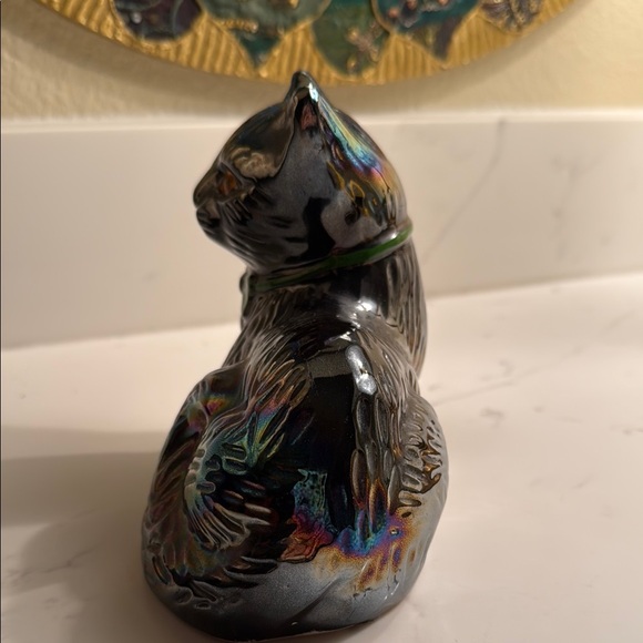 Iridescent Cat Figurine with Green Bow - Picture 6 of 8